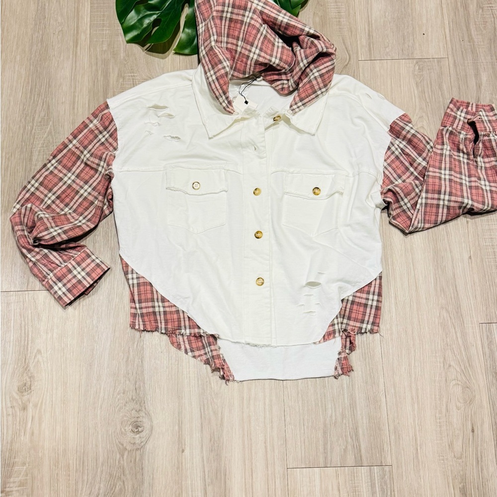 NWT Dance & Marvel Pink Plaid and White Button-Up